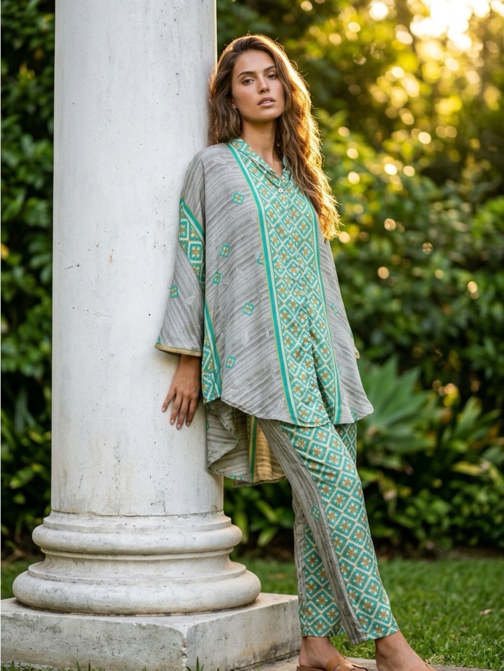 Sz M to 4xl Green Geometric Print Relaxed Tunic (80-125)